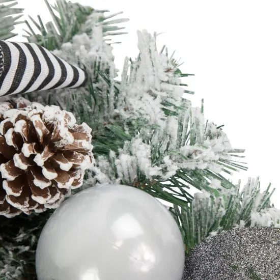 Northlight Frosted Pine Artificial Christmas Wreath with Striped Bows - 24" -Unlit White {5}