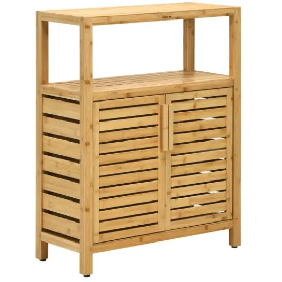 2-door Bamboo Floor Cabinet Storage Organizer with Open Shelf Adjustable Shelf {3}
