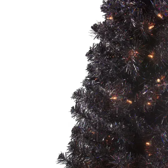 Northlight Pre-Lit Slim Artificial Tinsel Halloween Tree - 4' - Black - Clear Lights {6}