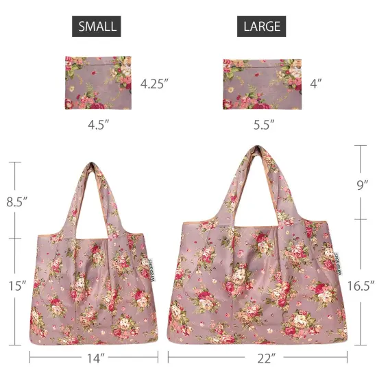 Wrapables Large & Small Foldable Tote Nylon Reusable Grocery Bags, Set of 2 Roses on Khaki {2}