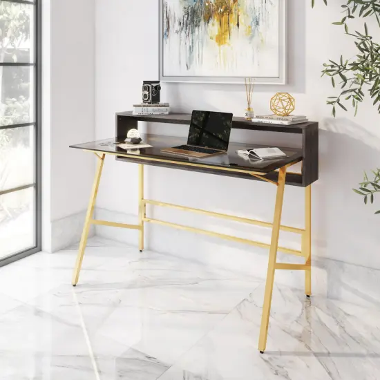Techni Office Solutions Two-Tier Shelve Writing Desk with Riser - 47.25" - Gold and Brown {3}