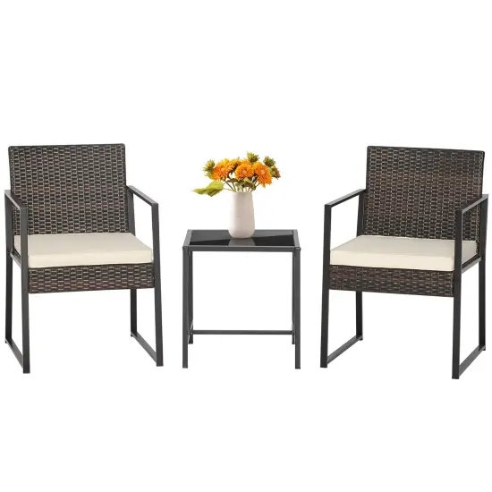 Costway 3pcs Patio Furniture Set Heavy Duty Cushioned Wicker Rattan Chairs Table {2}
