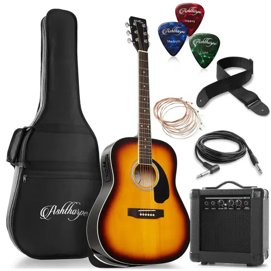 Ashthorpe Full-Size Dreadnought Acoustic Electric Guitar Package with 10 Watt Amp {1}