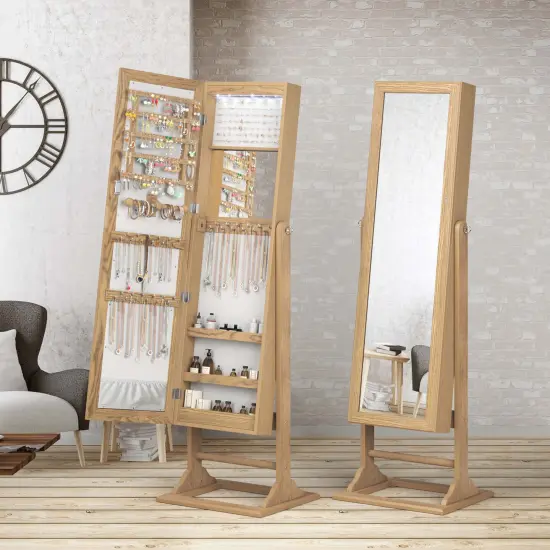 Costway Jewelry Cabinet Full-Length Mirror Lockable Jewelry Armoire with 6 Lights Beige/Natural {1}