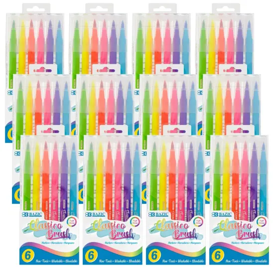 Washable Brush Markers, Fluorescent Colors, 6 Per Pack, 12 Packs {1}