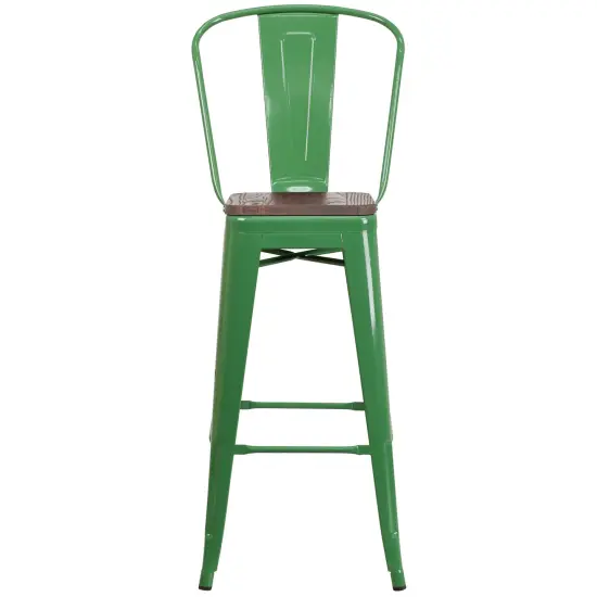 Merrick Lane Dothan Metal Dining Stool with Curved Slatted Back and Textured Wood Seat Green {4}