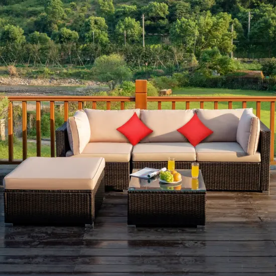 5 Pcs Outdoor Patio Rattan Furniture Set Sectional Conversation with Cushions Red {7}