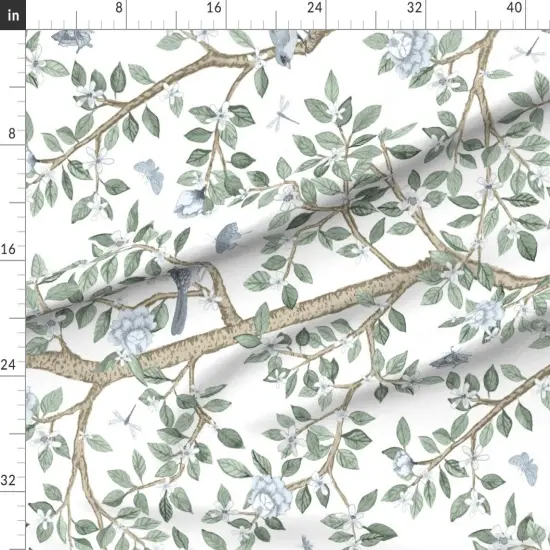 Various Fabrics by the Yard or Fat Quarter Botanical Nature Floral Blue Green Tree Spring Bird Large Scale Art Nouveau Chinoiserie Custom Printed Fabric by Spoonflower {1}