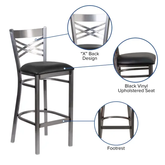 Emma and Oliver Clear Coated "X" Back Metal Restaurant Dining Barstool BlackVYL/ClearCoated {2}