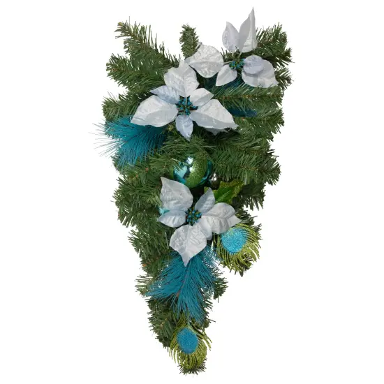 Northlight Peacock Feather and Poinsettia Artificial Christmas Teardrop Swag - 22" - Unlit Blue {3}
