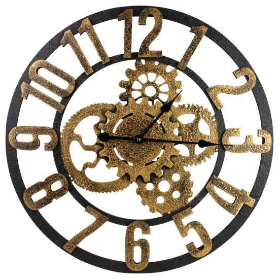 Northlight 24" Gold and Black Battery Operated Round Wall Clock with Cogs {1}