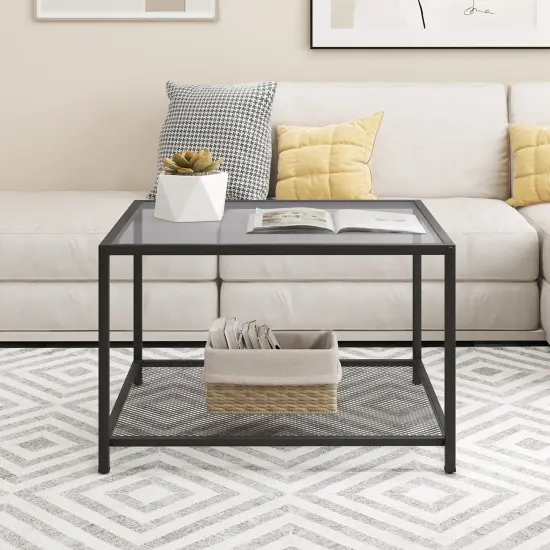 Costway Glass Coffee Table 27.5 Inch 2-Tier Square with Mesh Shelf Living Room Grey/Transparent {4}