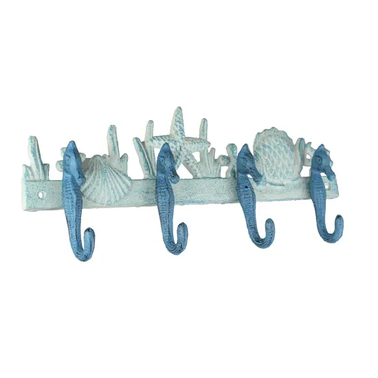 Cast Iron Coastal Blue and White Seahorse Sea Life Decorative Wall Hook Rack {1}
