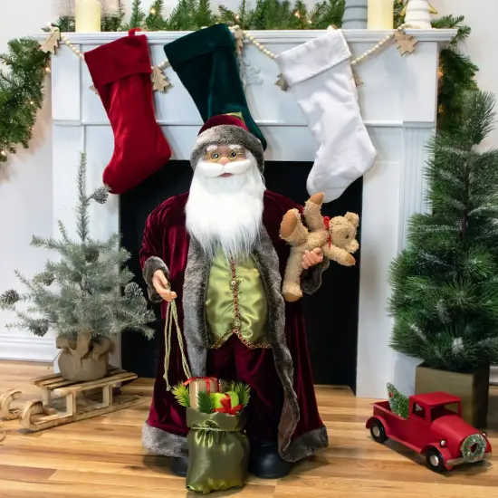 Northlight 32" Burgundy Santa Claus with Teddy Bear and Gift Bag Christmas Figure Red {3}