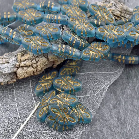 *9* 19x9mm Gold Washed Matte Teal Blue Arabesque Beads {3}