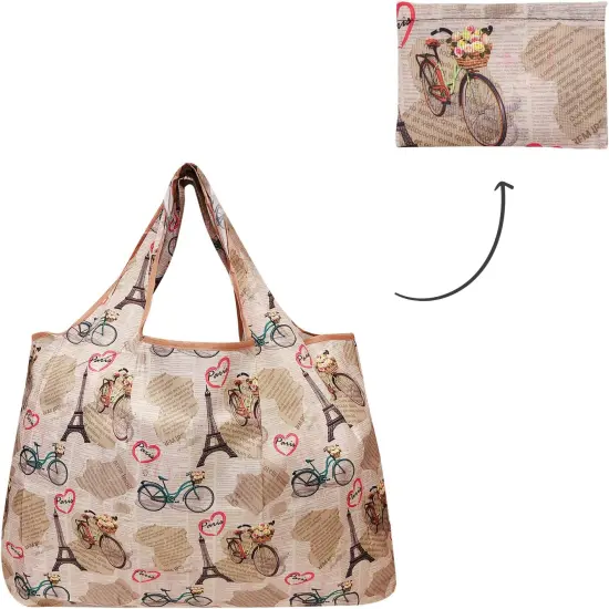 Wrapables Large Foldable Tote Nylon Reusable Grocery Bag, 3 Pack Flamingos Deer Paris {5}