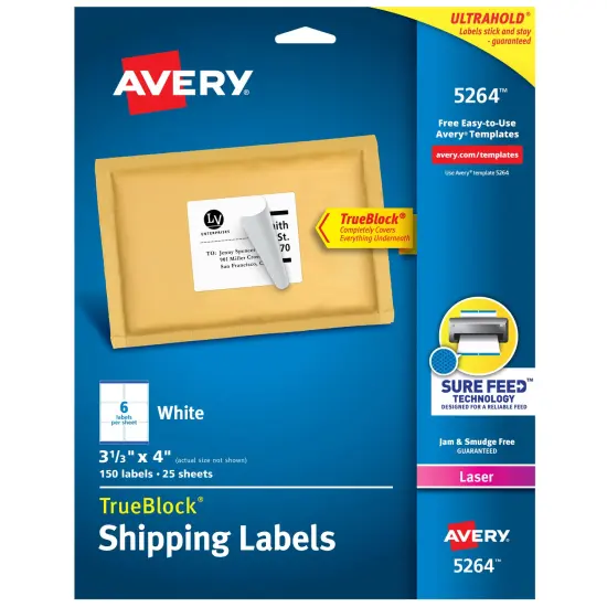 Avery TrueBlock Shipping Labels, Sure Feed Technology, Permanent Adhesive, 3-1/3" x 4", 150 Labels (5264) {1}