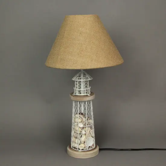 White and Grey Metal Mesh Seashell Filled Lighthouse Table Lamp with Cone Shade {4}