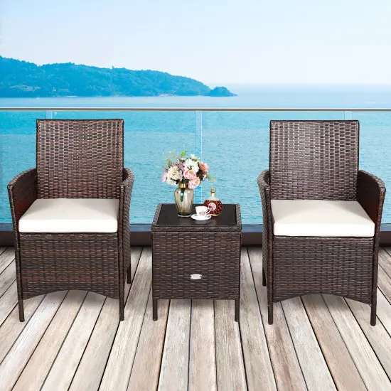 Costway 3PCS Patio Rattan Furniture Set Cushioned Sofa Glass Tabletop Deck Red\Blue\ White {1}
