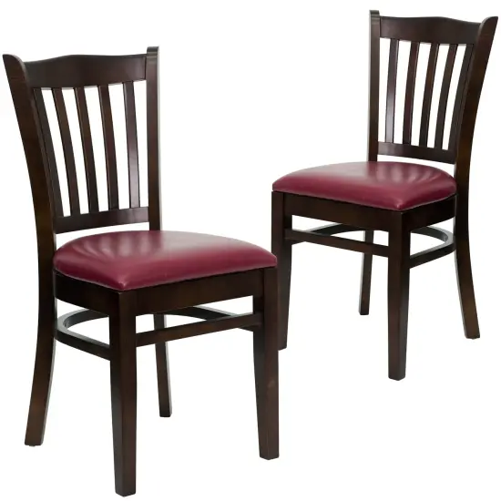 Emma and Oliver 2 Pack Vertical Slat Back Wooden Restaurant Chair BurgundyVinyl/Walnut {1}