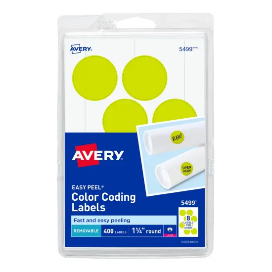 Avery Printable Color-Coding Labels, Removable Adhesive, 1-1/4" Round, Neon Yellow, 400 Labels (5499) {1}