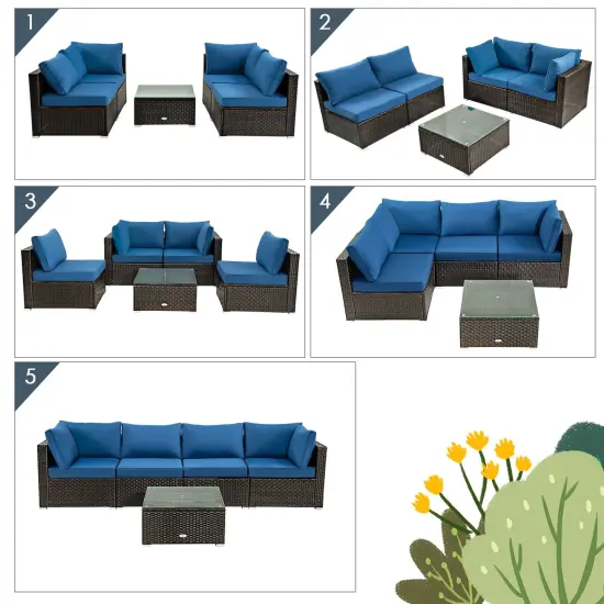 5 Pieces Cushioned Patio Rattan Furniture Set with Glass Table Navy {6}