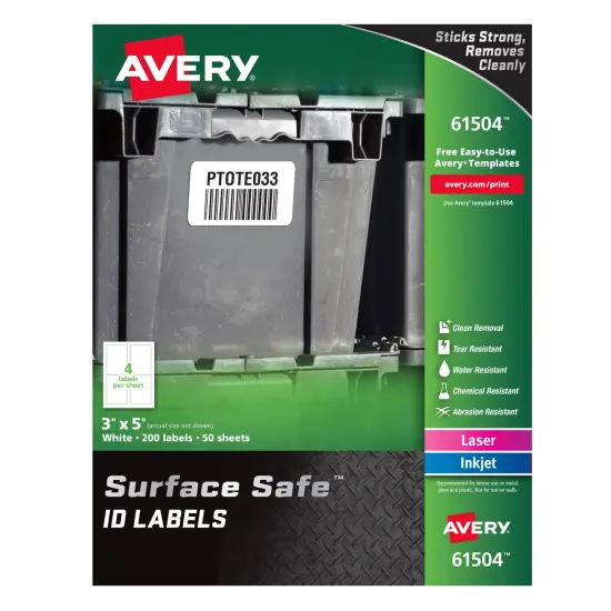 Avery Surface Safe ID Labels, 3" x 5", Water Resistant, Matte White, Removable Adhesive, 200 Labels (61504) {1}