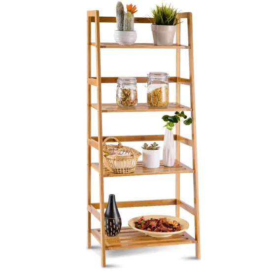 Costway Multifunctional 4 Shelf Bamboo Bookcase Ladder Plant Flower Stand Rack Storage White/Natural {8}