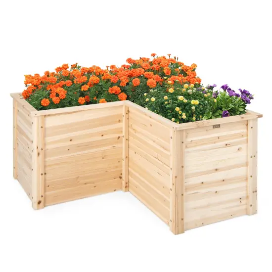Costway 24'' L-Shaped Deep Root Planter Box Wooden Raised Garden Bed with Open-Ended Base {1}