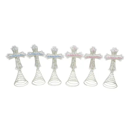 Roman Set of 6 Ivory and Green God Bless Baby's First Christmas Cross Tree Toppers 9" {1}