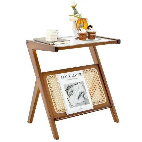 Costway Rattan Side Table Bamboo Accent Bedside Table with Tempered Glass Top Walnut/Natural {7}