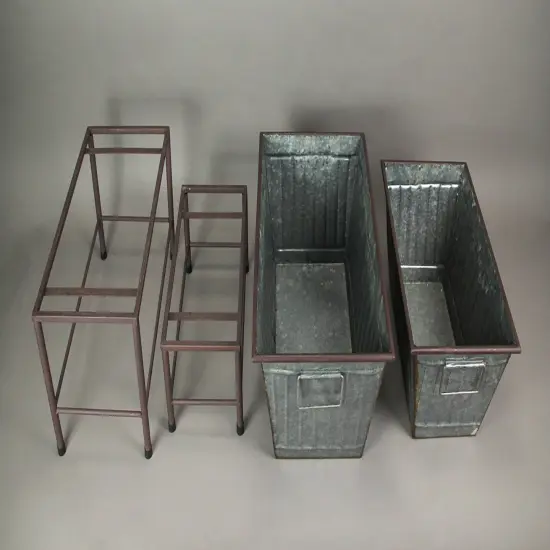 Rectangular Galvanized Metal Tub Planters On Stand Set of 2 {5}