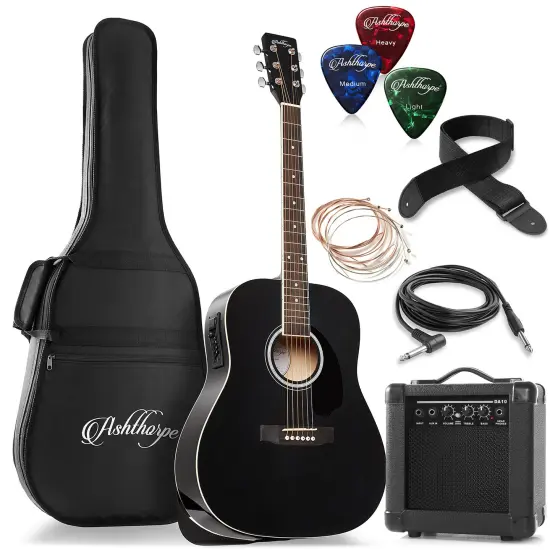 Ashthorpe Full-Size Dreadnought Acoustic Electric Guitar Package with 10 Watt Amp {7}
