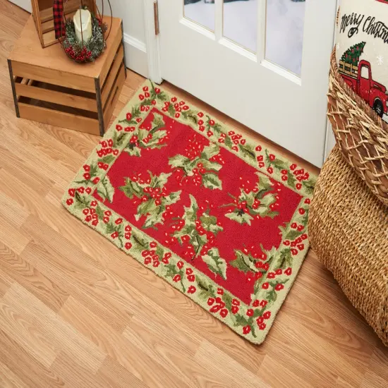 2' x 3' Christmas Holly Leaves Berries Holiday Botanical Mistletoe Wool Traditional Handcrafted Premium Hooked Indoor Area Rug {3}