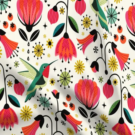 Various Fabrics by the Yard or Fat Quarter Hummingbird Vintage Flowers Floral Retro Mod Mid Century Scandi Red Yellow Green Custom Printed Fabric by Spoonflower {5}