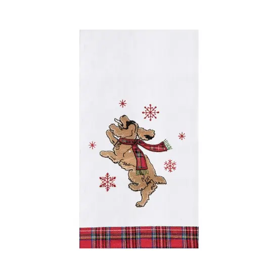Festive Dog Jumping Christmas Holiday Machine Washable Embellished Flour Sack Kitchen Towel 27L x 18W in. {1}
