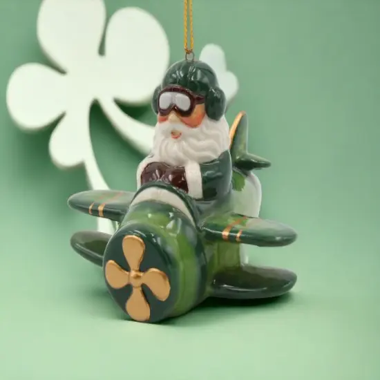 Ceramic Irish Santa Flying Airplane Ornament, Gift for Her, Gift for Pilot, Irish Saint Patrick&rsquo;s Day D&eacute;cor, Christmas Decor, Irish Airlines {1}