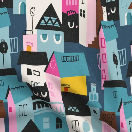 Various Fabrics by the Yard or Fat Quarter Black Cat Whimsical Colorful Cityscape Teal Pink Custom Printed Fabric by Spoonflower {5}