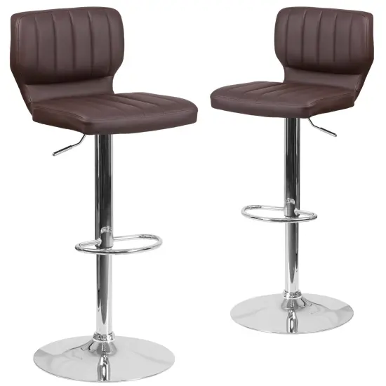 Merrick Lane Set of Two Swivel Bar Stools with Vertical Stitched Back and Adjustable Chrome Base with Footrest Brown Vinyl {1}