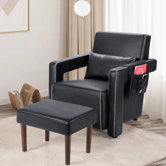 Modern Berber Fleece Single Sofa Chair Included Ottoman and Waist Pillow Suitable for Any Terrain Black {2}