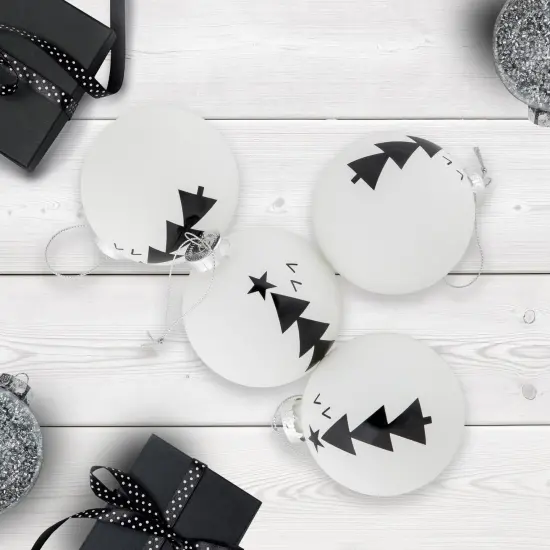 Northlight Star Topped Trees Glass Ball Christmas Ornaments - 3" - White and Black - 4ct {3}