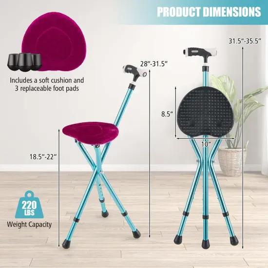 Goplus Adjustable Folding Cane Seat Aluminum Alloy Crutch Chair with Light Blue/Coffee/Black {3}