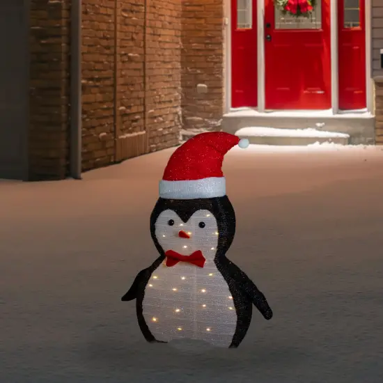 Northlight 28" LED Lighted Tinsel Penguin in Santa Hat Outdoor Christmas Decoration Black {3}