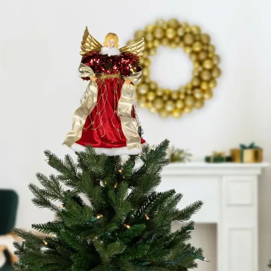 Northlight Metallic and Sequin Angel Christmas Tree Topper - 12" - Red and Gold - Unlit {3}
