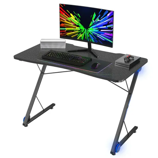 Costway 43.5 inch Gaming Desk Z Shape Office PC Computer Desk Gamer Tables w/ LED Lights {1}
