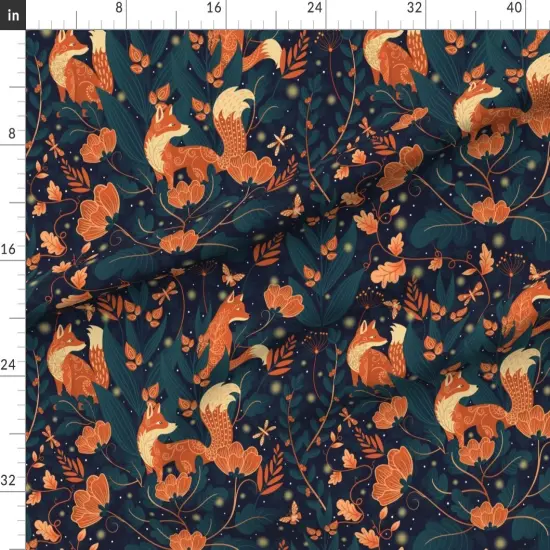 Various Fabrics by the Yard or Fat Quarter Whimsical Garden Orange Foxes Midnight Blue Firefly Fantasy Custom Printed Fabric by Spoonflower {1}