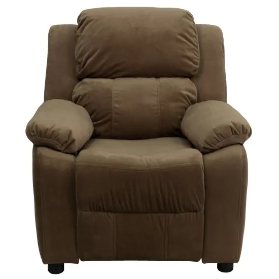 Emma and Oliver Deluxe Padded Contemporary Kids Recliner with Storage Arms Brown Microfiber {2}