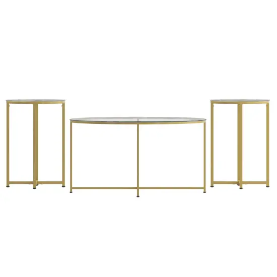 Merrick Lane Fairdale Round Coffee Table Set - 3 Piece Coffee Table Set with Crisscross Frame - Coffee Table & 2 End Tables Clear/Brushed Gold {1}