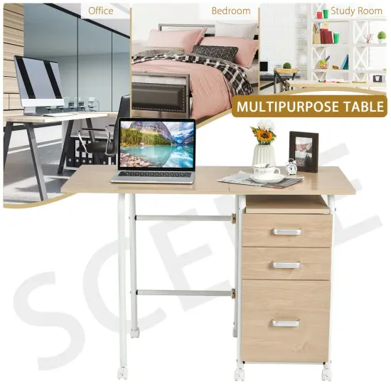 Costway Folding Computer Laptop Desk Wheeled Home Office Furniture w/3 Drawers Brown/Natural {11}