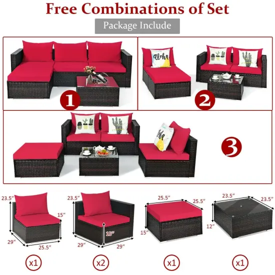 5 Pieces Patio Rattan Sectional Furniture Set with Cushions and Coffee Table Red {5}